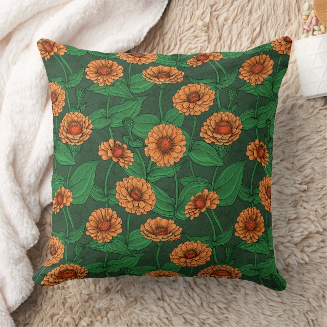 Orange Zinnia flowers, green leaves on dark green Cushion (Blanket)