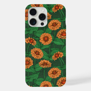 Orange Zinnia flowers, green leaves on dark green iPhone 15 Pro Max Case