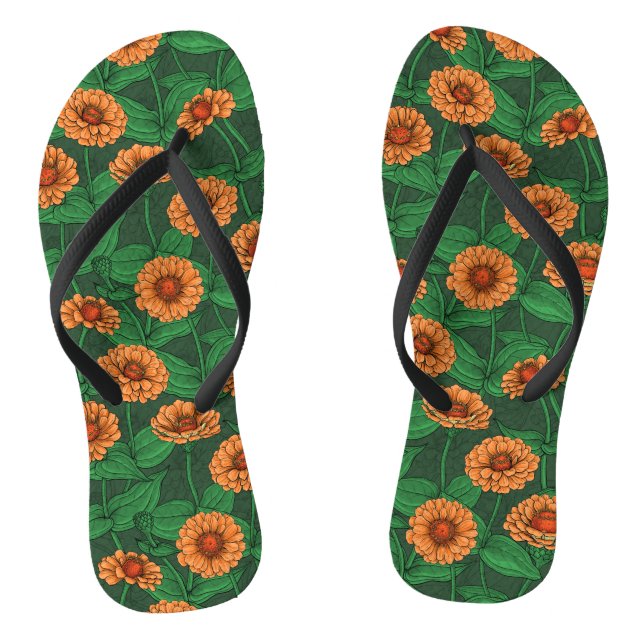 Orange Zinnia flowers, green leaves on dark green Jandals (Footbed)