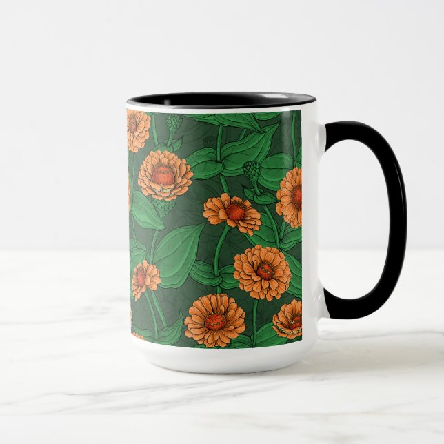 Orange Zinnia flowers, green leaves on dark green Mug (Right)