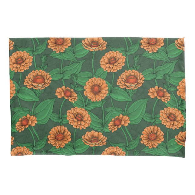 Orange Zinnia flowers, green leaves on dark green Pillowcase (Front-Left)