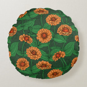 Orange Zinnia flowers, green leaves on dark green Round Cushion