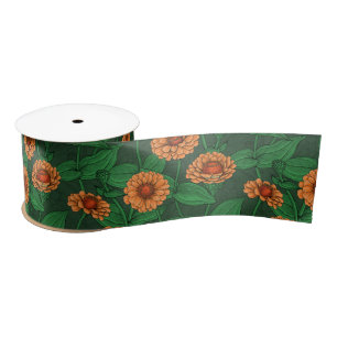 Orange Zinnia flowers, green leaves on dark green Satin Ribbon