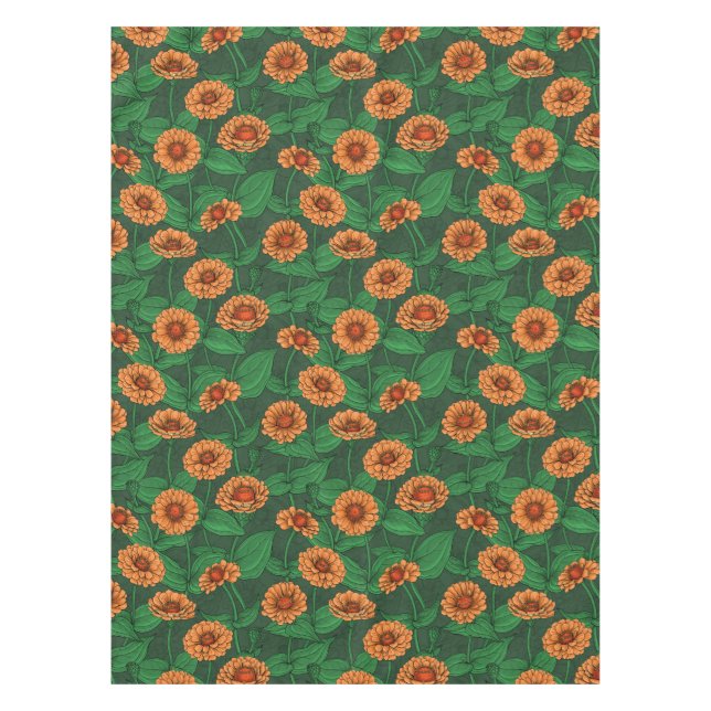 Orange Zinnia flowers, green leaves on dark green Tablecloth (Front)