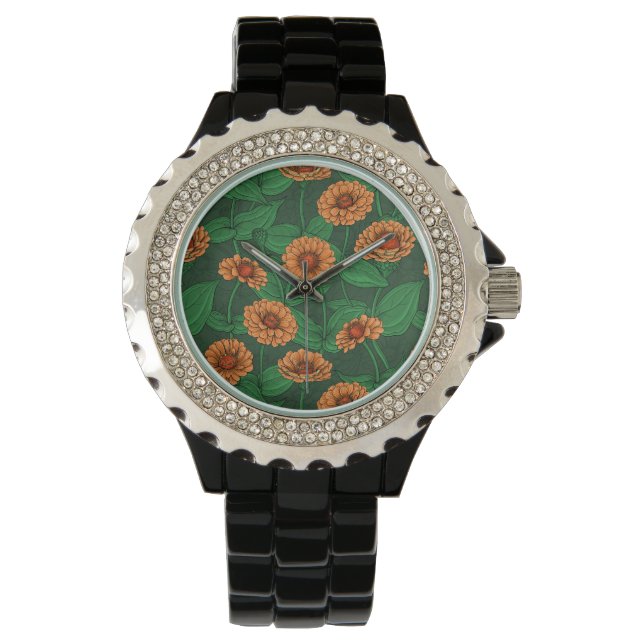 Orange Zinnia flowers, green leaves on dark green Watch (Front)