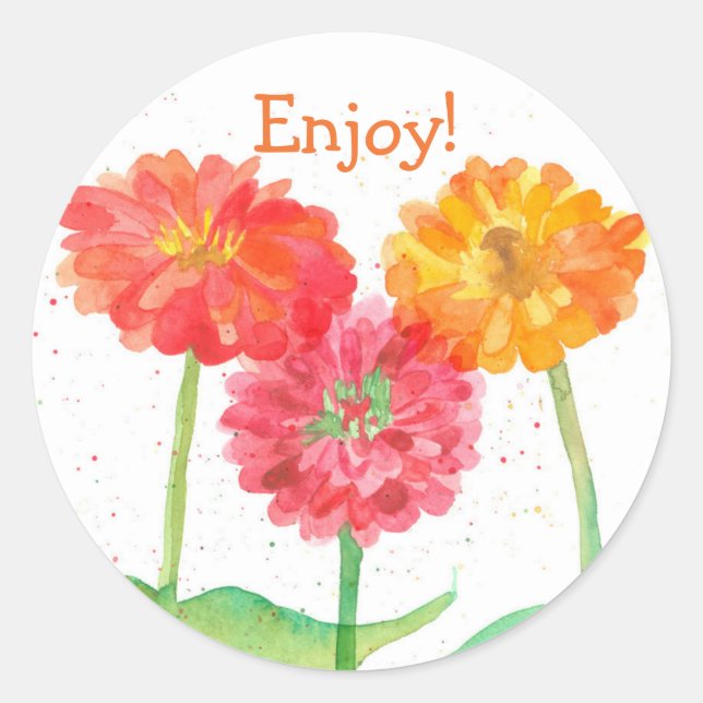 Orange Zinnia Watercolor Flowers Enjoy Classic Round Sticker (Front)