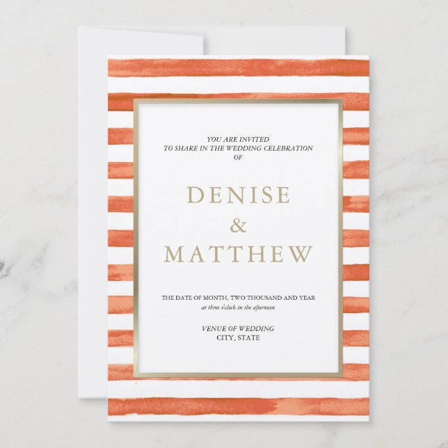 Orangeade Watercolor Stripes & Gold Lettering Invitation (Front)