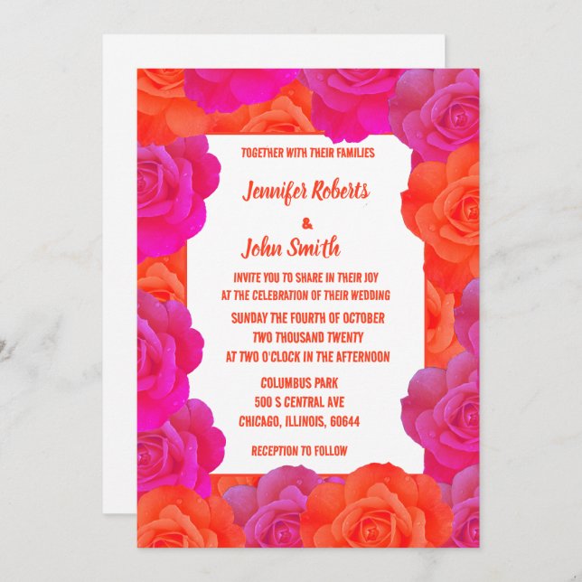 OrangePink Floral QR Code Rose Abstract Wedding Invitation (Front/Back)