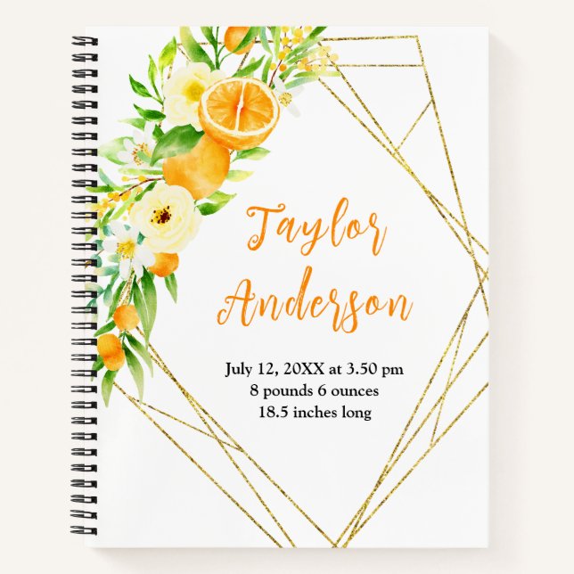 Oranges and Foliage Baby Birth Stats Notebook (Front)