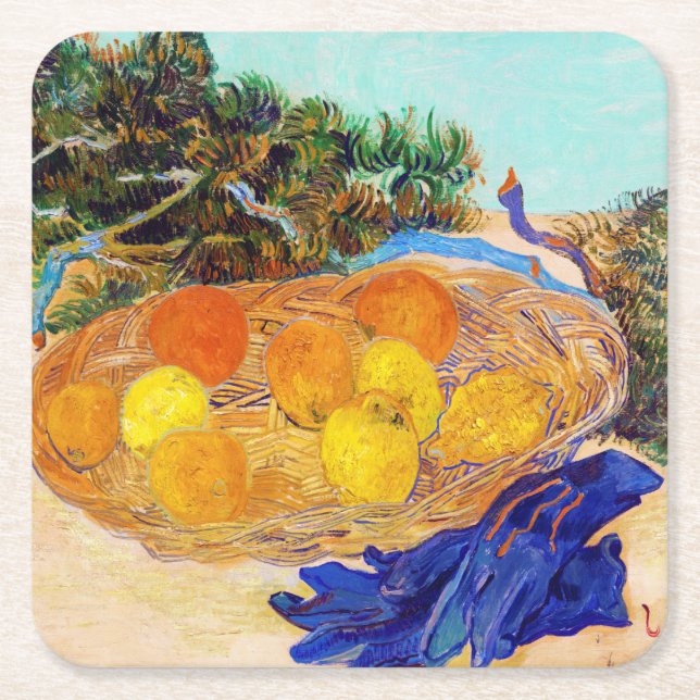 Oranges and Lemons with Blue Gloves, Van Gogh Square Paper Coaster (Front)