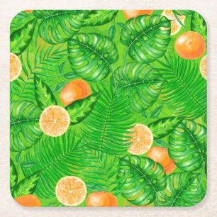Oranges and tropical leaves square paper coaster