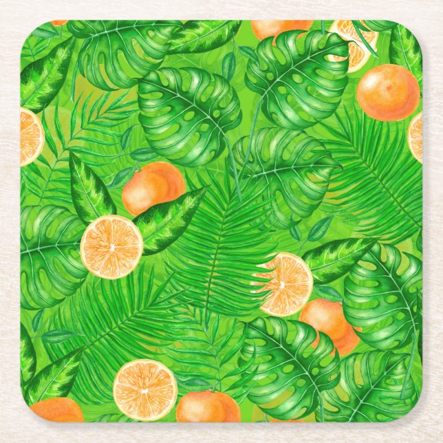 Oranges and tropical leaves square paper coaster (Front)