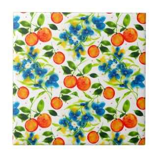 Oranges & Blue Blossoms Watercolor Art Tile