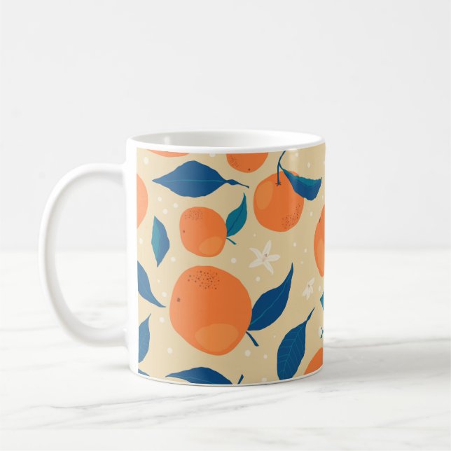 Oranges Branches: Beige Background Pattern Coffee Mug (Left)