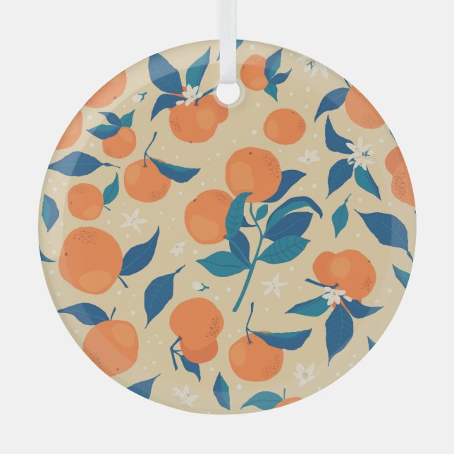 Oranges Branches: Beige Background Pattern Glass Tree Decoration (Front)