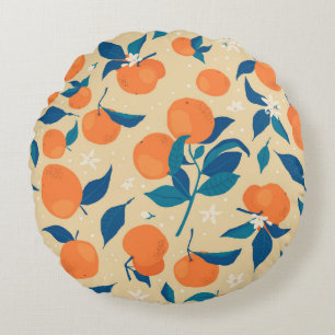 Oranges Branches: Beige Background Pattern Round Cushion