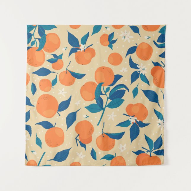 Oranges Branches: Beige Background Pattern Tapestry (Front)