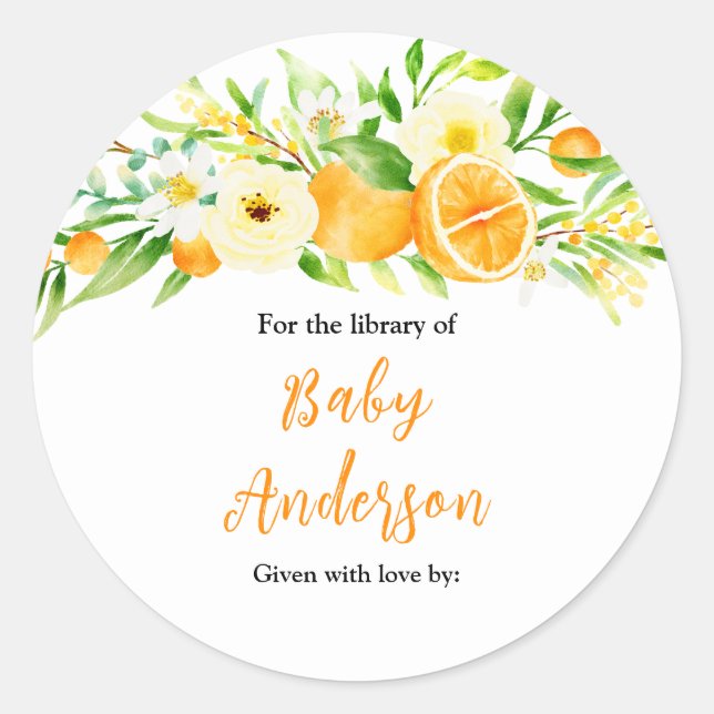 Oranges Citrus Baby Shower Bookplate Classic Round Sticker (Front)