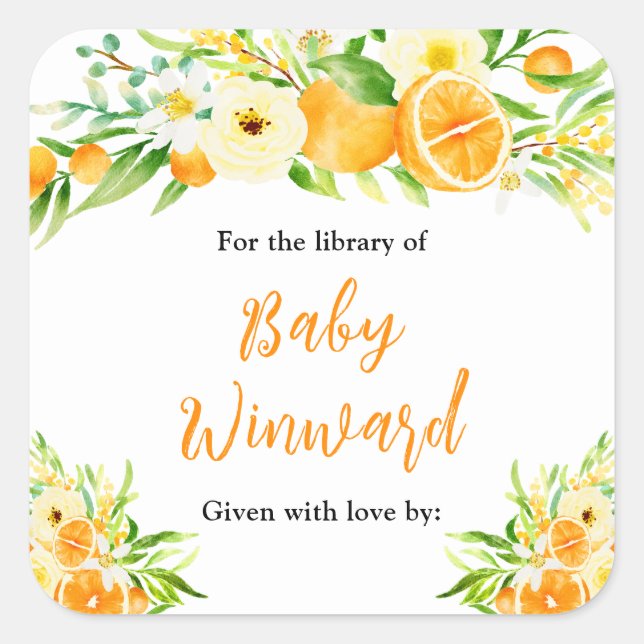 Oranges Citrus Baby Shower Bookplate Square Sticker (Front)