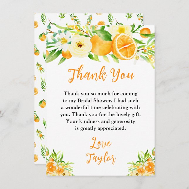 Oranges Citrus Bridal Shower Thank You Card (Front/Back)