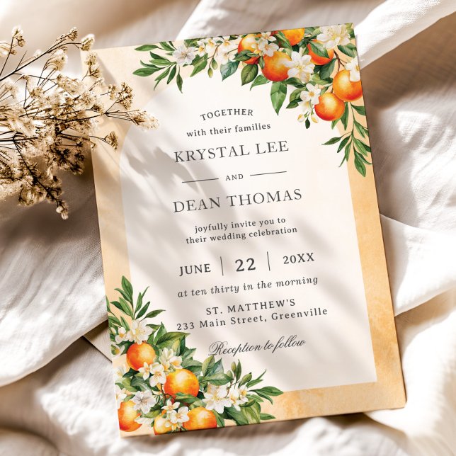 Oranges Citrus Fruits Greenery Orchard Wedding Invitation (modern orange fruit trees orchard wedding invitation cards)