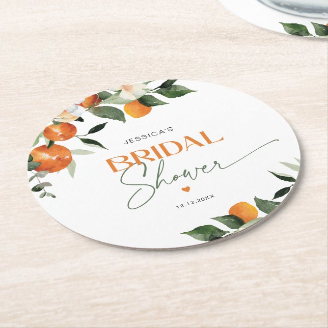 Oranges citrus theme bridal shower round paper coaster (Angled)