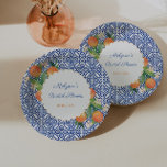 Oranges Classic Blue White Positano Wedding Shower Paper Plate<br><div class="desc">Handpainted oranges against a background pattern based on a vintage blue and white tile. If you prefer the centre circle with a plain edge (rather than scalloped), this option is available. Underneath the text customisation boxes, "click to customise further" then go to the "layers" area and unhide the "oval" and...</div>