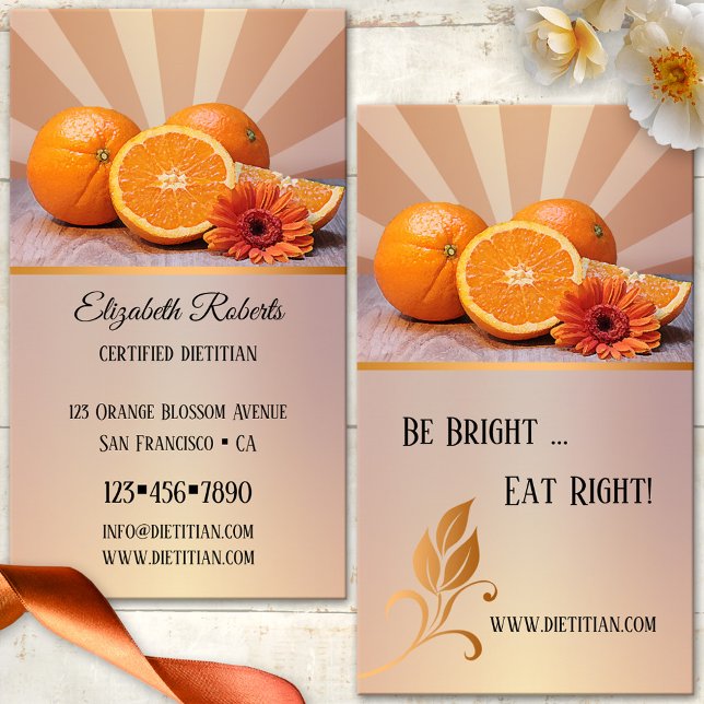 Oranges Dietician Nutritionist Business Card (Dietitian business card featuring an elegant design with oranges and a gerbera flower on rose gold)