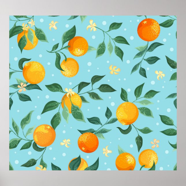 Oranges, flowers: textile seamless pattern. poster (Front)