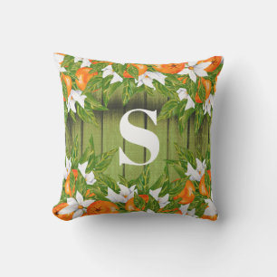 Oranges Fruit Country Autumn Green Wood Monogram Cushion