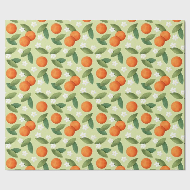 Oranges, Green Leaves and White Flowers Pattern Wrapping Paper (Seam)