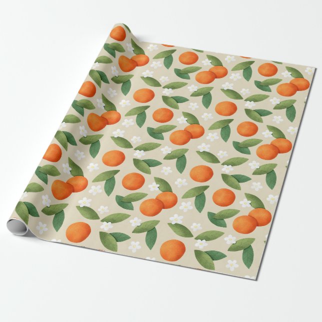 Oranges, Green Leaves and White Flowers Pattern Wrapping Paper (Unrolled)