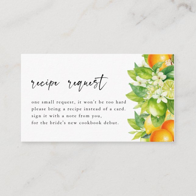 Oranges Lemon Citrus Bridal Shower Recipe Request Enclosure Card (Front)