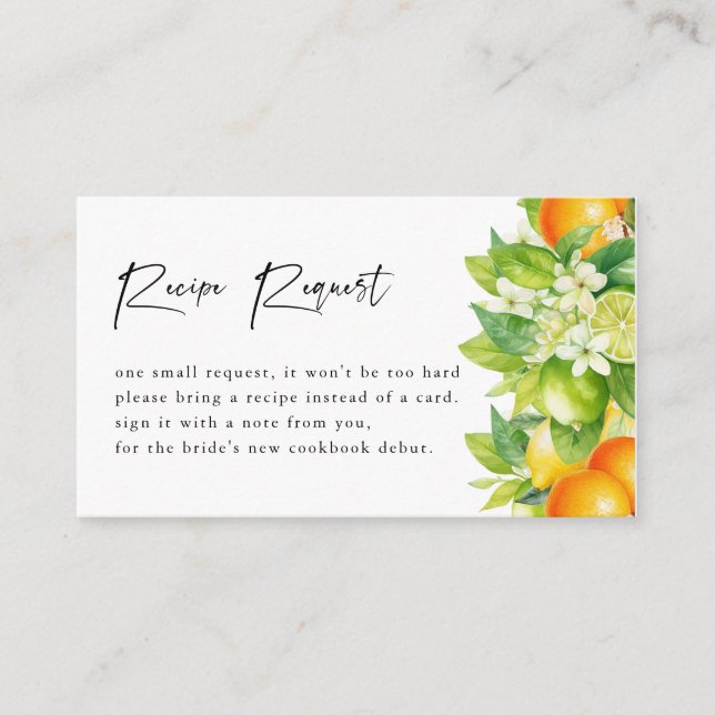 Oranges Lemon Citrus Bridal Shower Recipe Request Enclosure Card (Front)
