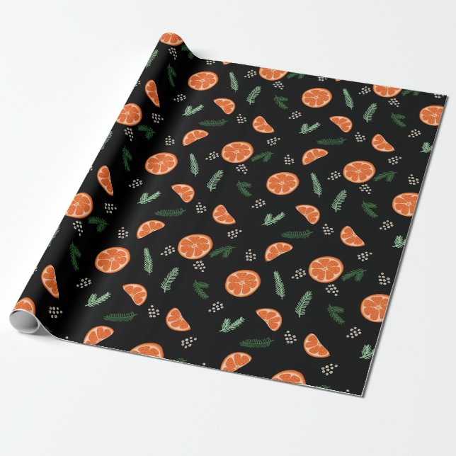 Oranges on Black  Christmas Holiday Wrapping Paper (Unrolled)