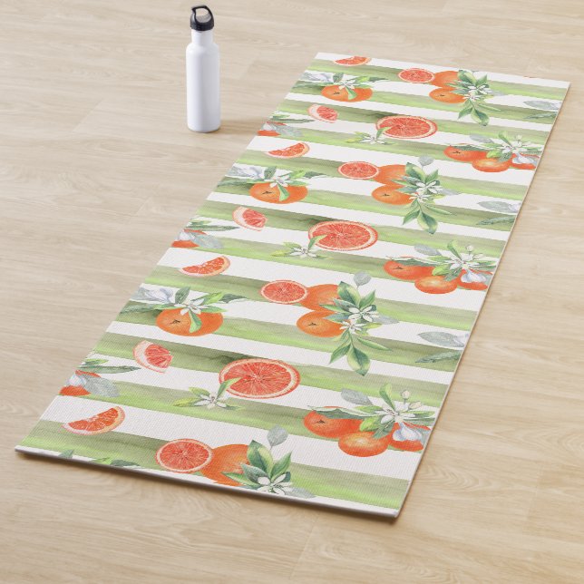 Oranges on Green and White Stripes Yoga Mat (In Situ)