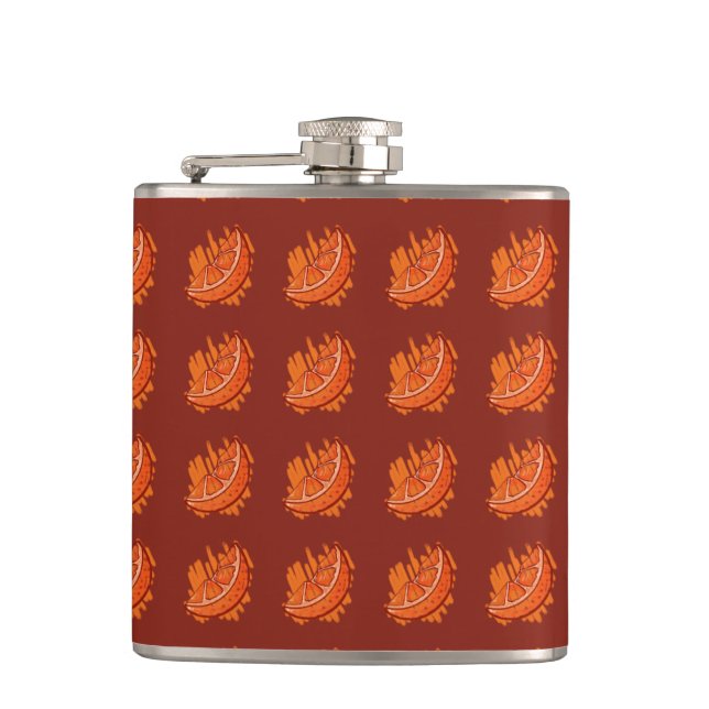 Oranges on red feild hip flask (Front)