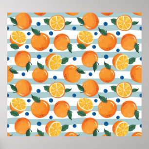 Oranges on striped background, summer pattern. poster