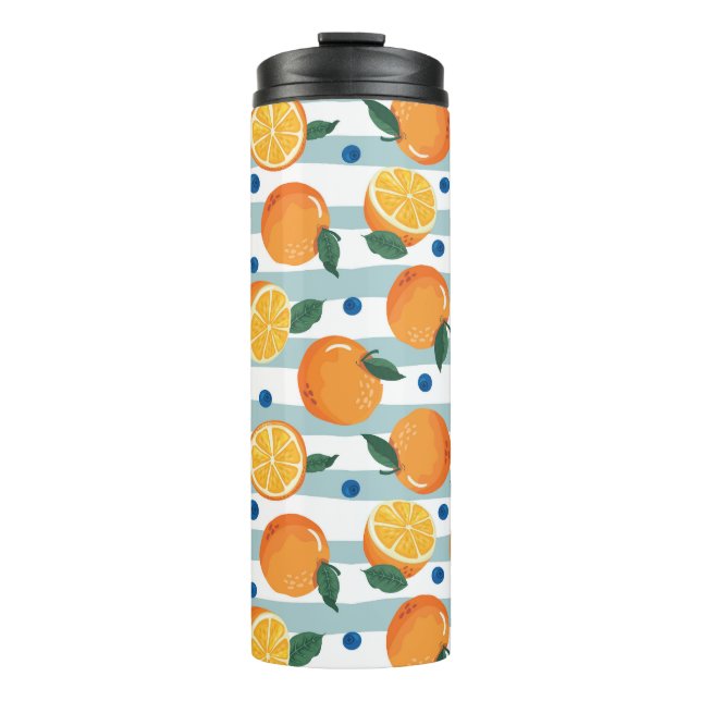 Oranges on striped background, summer pattern. thermal tumbler (Front)