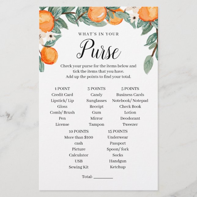 Oranges Twin Baby Shower Purse Game (Front)