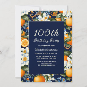 Oranges White Flowers Navy Blue 100th Birthday Invitation