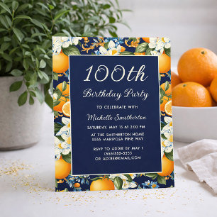 Oranges White Flowers Navy Blue 100th Birthday Invitation
