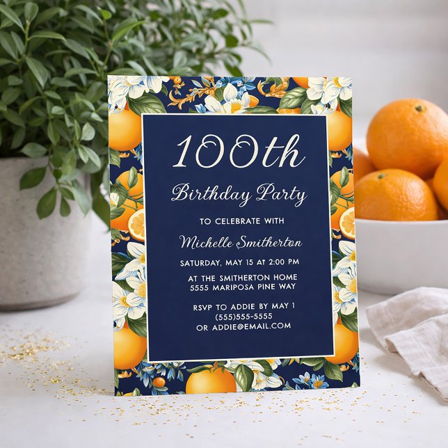 Oranges White Flowers Navy Blue 100th Birthday Invitation (Oranges on navy blue 100th birthday party invitation)