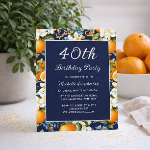 Oranges White Flowers Navy Blue 40th Birthday Invitation