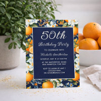 Oranges White Flowers Navy Blue 50th Birthday