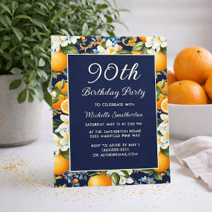 Oranges White Flowers Navy Blue 90th Birthday Invitation