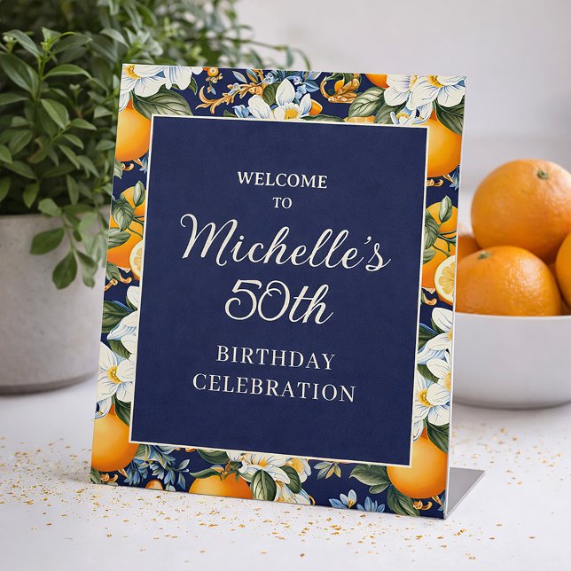 Oranges White Flowers Navy Blue Birthday Welcome Pedestal Sign (Oranges on navy blue birthday party welcome sign)