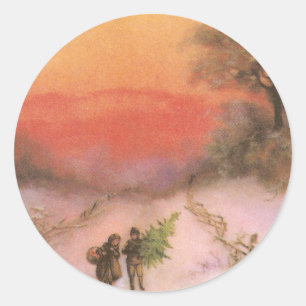 Orangey Sunset Over Snowy Lane Vintage Xmas Classic Round Sticker
