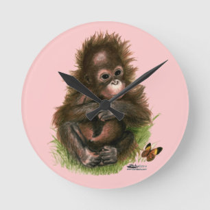 Orangutan Baby and Butterfly Round Clock
