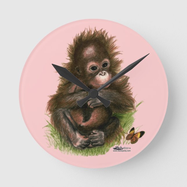Orangutan Baby and Butterfly Round Clock (Front)